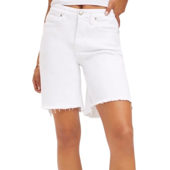 Good American Icon Shorts White Denim Plus Size 18 High Rise Raw Hem Bermuda - Picture 2 of 11